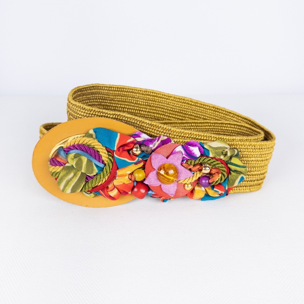 Vintage 80s Boho Elastic Belt Vibrant Braided Multicolor Fabric Cord Bead Accent